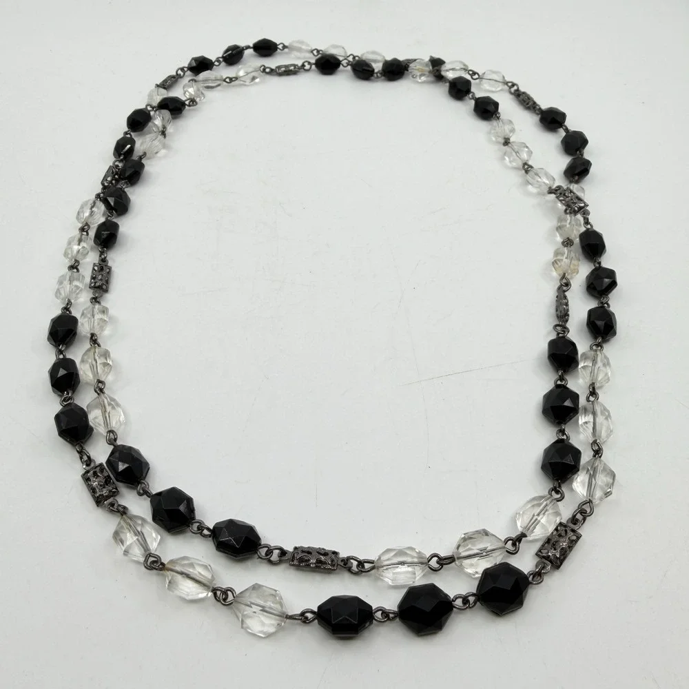 Black Clear Faceted Bead Double Strand Necklace Gunmetal Gothic Statement Gift